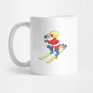 two funny dogs travel on Santa Claus's skis at full speed towards merry Christmas in the snow Retro Vintage Comic Cartoon Mug